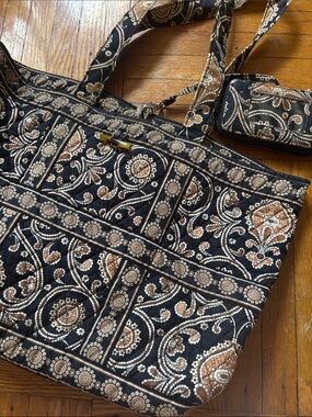 Vera Bradley Quilted Floral Tote Bag and ID wallet in Black and Brown